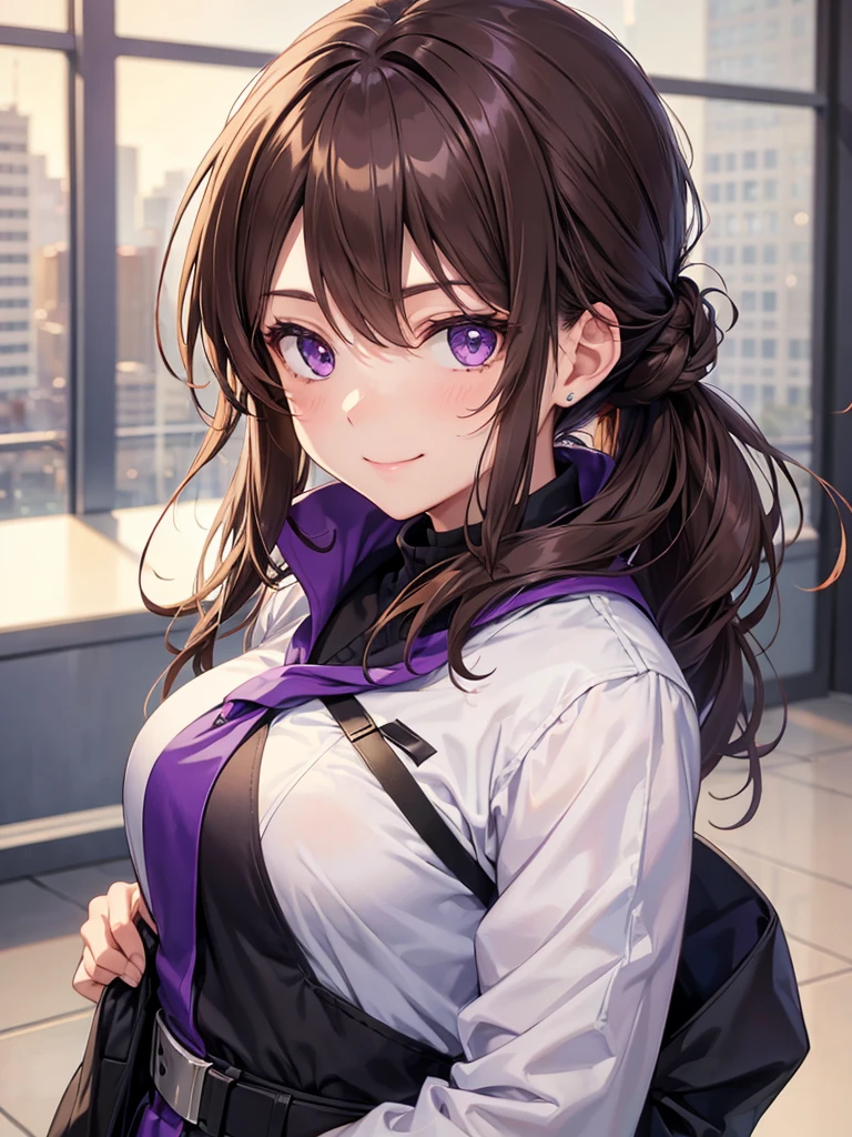 girl, brown hair tied in two, purple eyes, wear uniform, her hair is tied. strong girl, smile glare