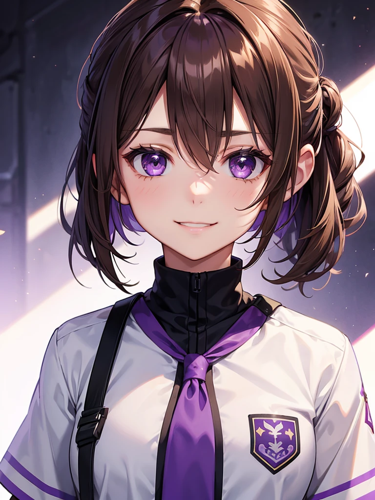 girl, brown hair tied in two, purple eyes, wear uniform, her hair is tied. strong girl, smile glare