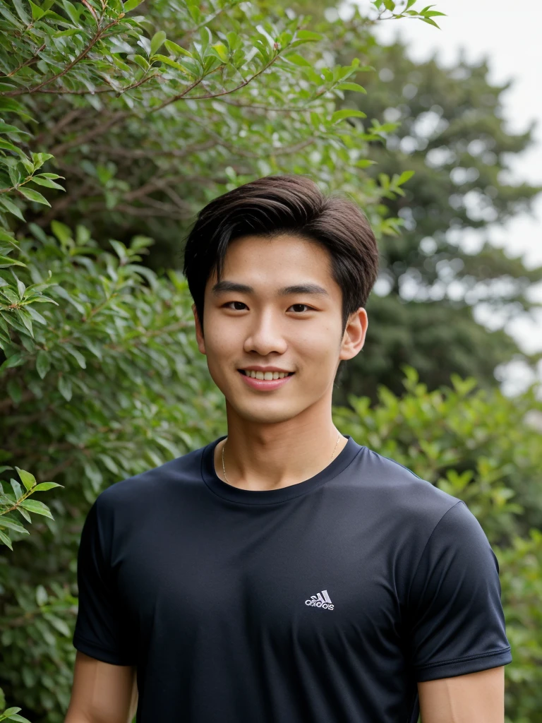 独奏: 1.5, (As a matter of fact, Masterpiece, 8k HD, good light quality, sportswear, fit the face, complicated details), A handsome, muscular young Korean man. , 20 years old, be happy, smile brightly, detailed face, delicate eyes, มองดูsky, Wear a navy tight T-shirt.:1.6, period, black eyes, Black hair color, ผมsmooth, smooth, outdoor sports, Along the garden, Sunny,sky，Surreal，Awesome details，Highest quality，real，Open your mouth to talk. , Close your eyes., Seaside, beach, sunlight, running towards the camera