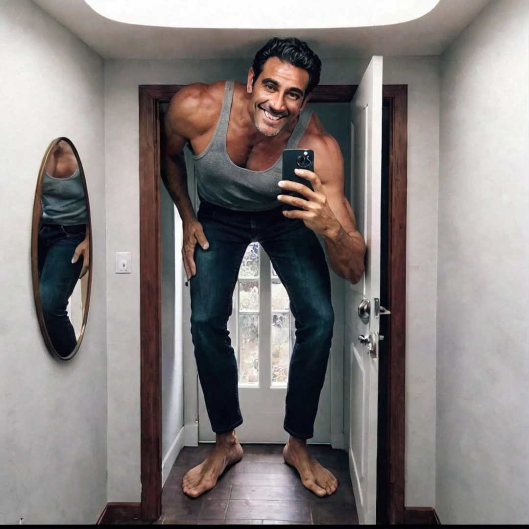 A giant Spanish man with grey tanktop takes a selfie in a tiny house 