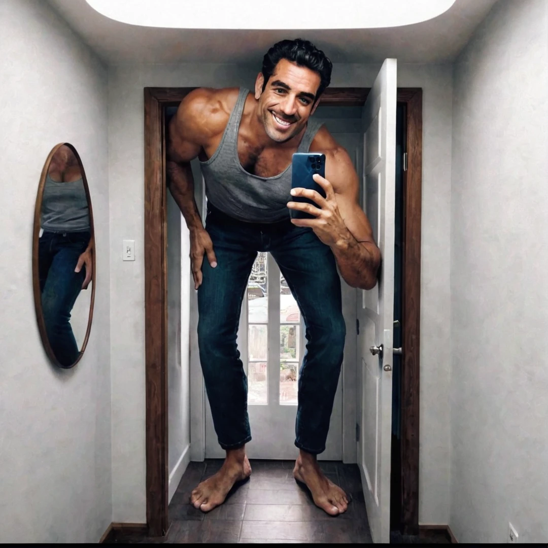 A giant Spanish man with grey tanktop takes a selfie in a tiny house