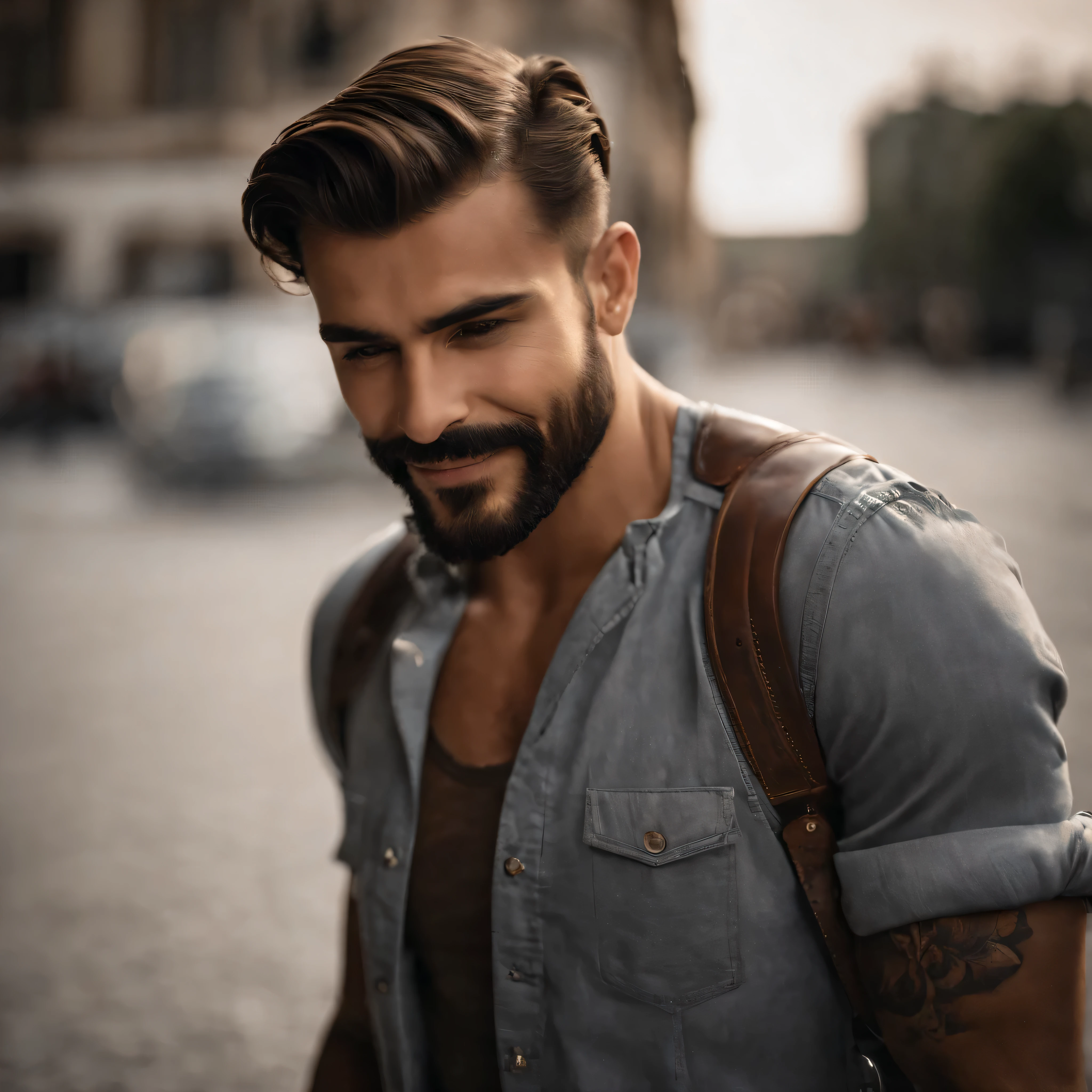 bald man without hair, short beard and gray shirt posing for a photo,smiling, tattoos, tattooed man, Attractive man, Handsome man, Attractive man, beautiful attractive face, Beautiful and attractive, Attractive young man, slim man with light tanned skin., handsome man, shoulder-length brown hair, male model, perfect pretty face, strong masculine features, detailed face, square jaw, Can Yamán 8k