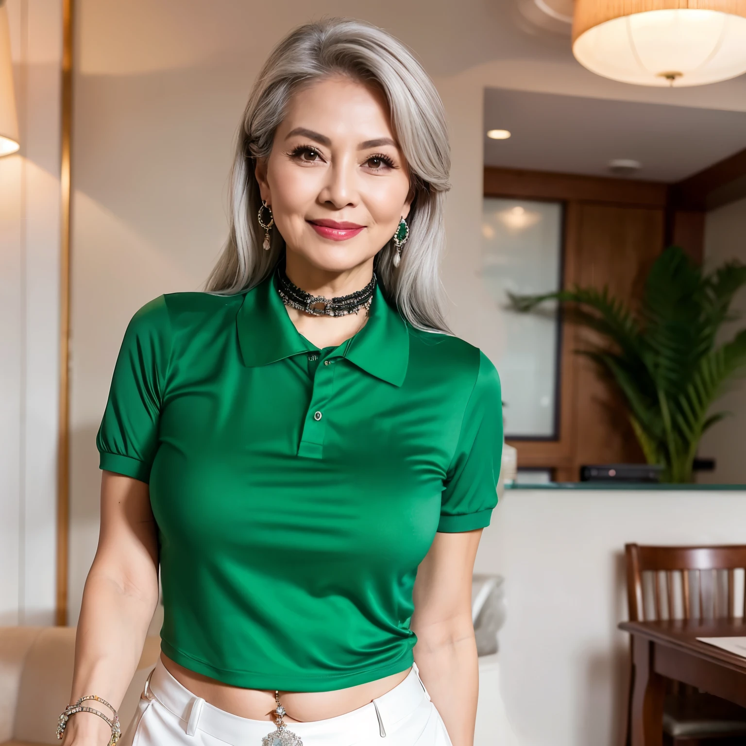 75 years old mom milf Korean, Lady large earring Big choker navel piercing decoration A bracelet Silver Hair realisitic Gorgeous Madame Beautiful Mature Woman sexly Smile Gentle woman navel piercing 4K High quality reception staff Polo shirt summer File cabinet Sports bra
