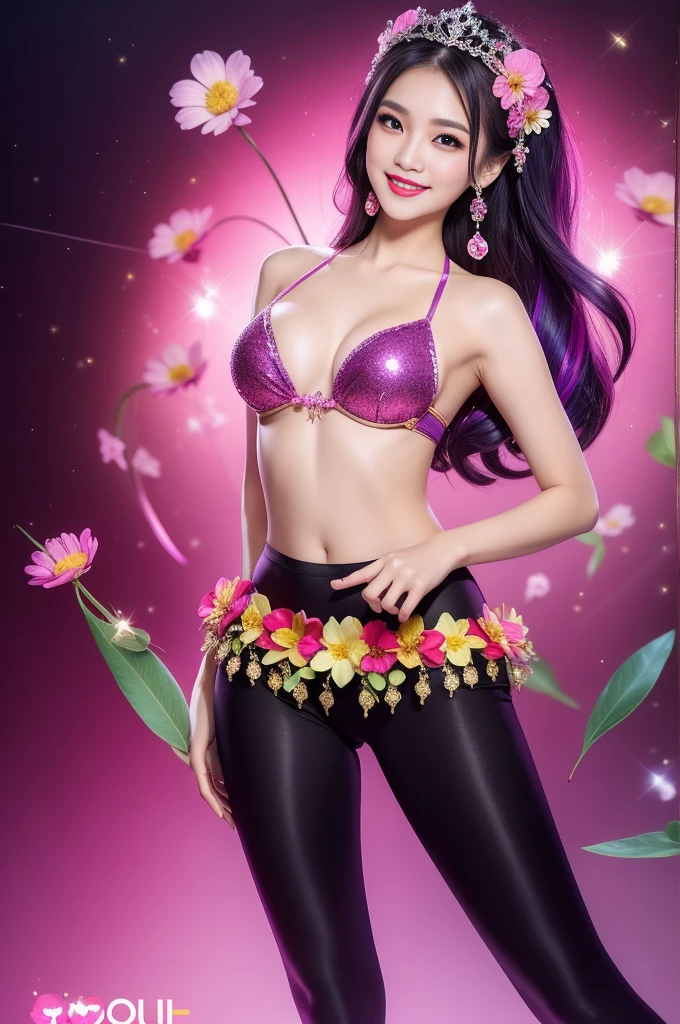 sexy Thai model who controls poison、beautiful smile、lip-gloss、bold lipstick、intense makeup、look at the camera、full body Esbian、、sparkling poisoned flower costume、、、、sparkling Colorful hair、secrete poison、skull hair accessories、sexy tights、shiny sparkling flowers background