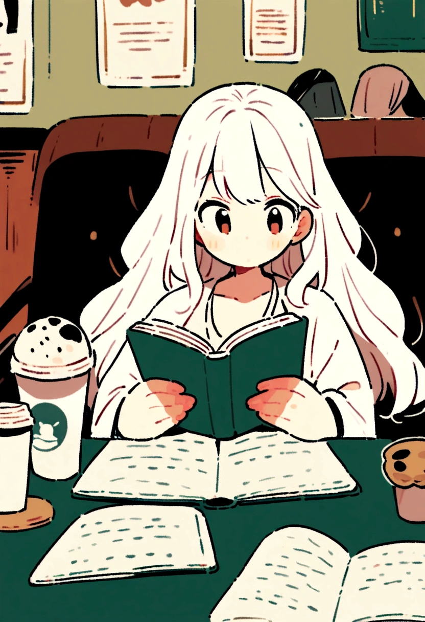 1girl, white long hair, reading a book, coffee shop