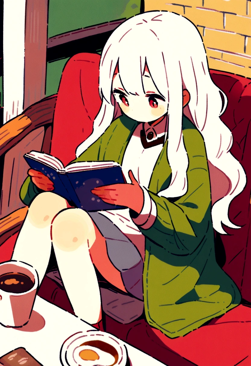 1girl, white long hair, reading a book, coffee shop