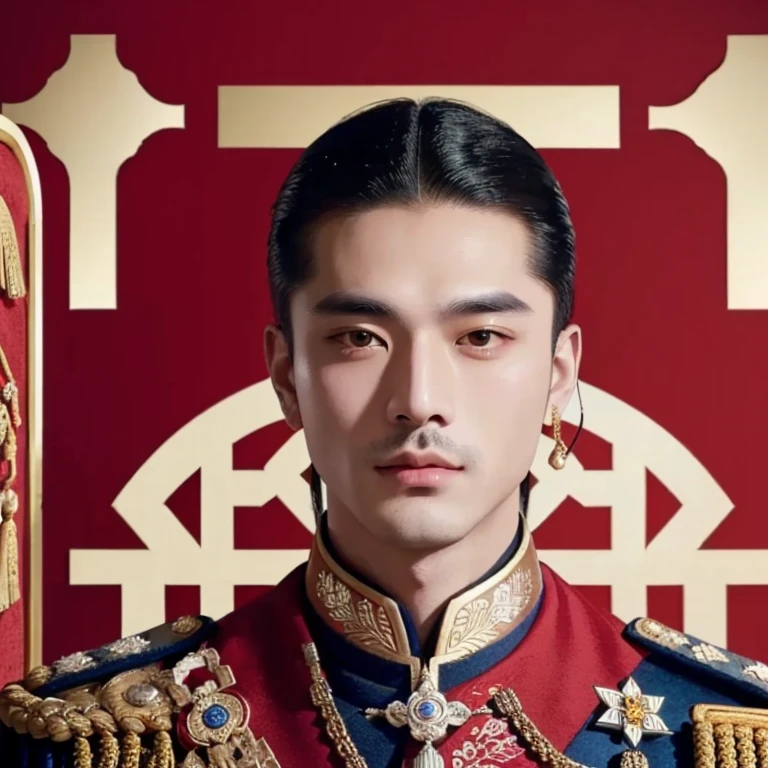 Araaf man in military uniform poses for a photo., Inspired by Guo Xi, beautiful androgynous prince, Inspired by Xie Huan, Inspiration from Xu Xi, Nanchuan, Delicate Androgynous Prince, Inspiration from Emperor Xuande, Maxim Sukarev, Inspiration from Kongsian, Anton, แต่งกายเป็นemperor, emperor, portrait of the empire