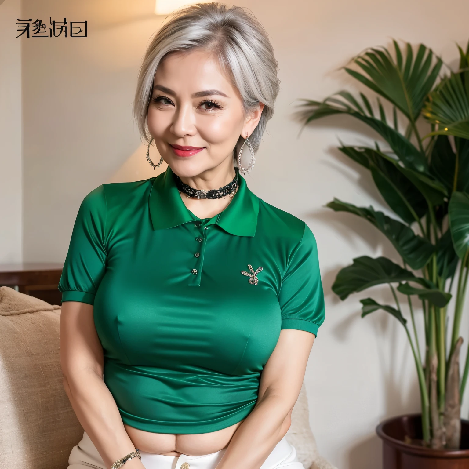 75 years old mom milf Korean, Lady large earring Big choker navel piercing decoration A bracelet Silver Hair realisitic Gorgeous Madame Beautiful Mature Woman sexly Smile Gentle woman navel piercing 4K High quality reception staff Polo shirt summer Heavy chest Button Open