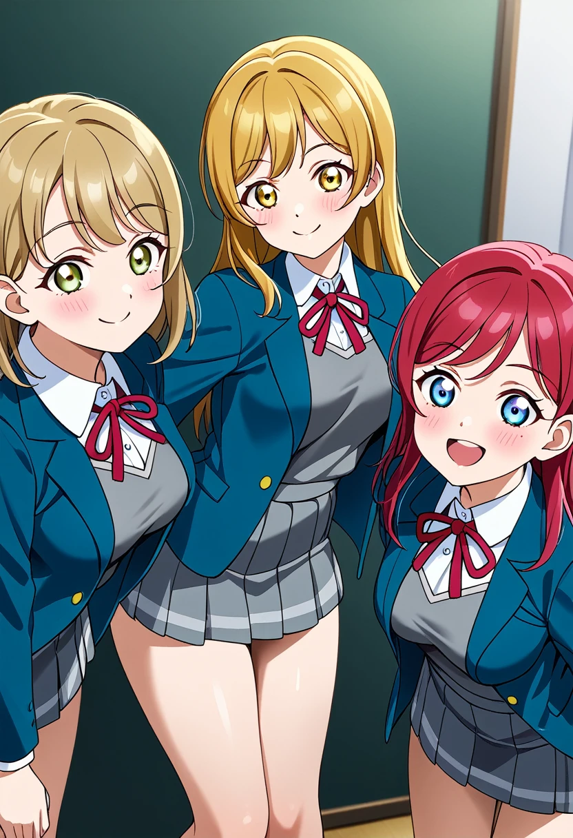 ((Highest quality)), ((masterpiece)), (be familiar with), Perfect Face, Big eyes, Drooping eyes, eyelash, The sparkling light of the eyes , love live!, (love live! superstar!!), (yuigaoka school uniform), grey pinafore dress, white collared shirt, red neck ribbon, blue jacket, open jacket (mini skirt), medium breasts, smile, closed mouth