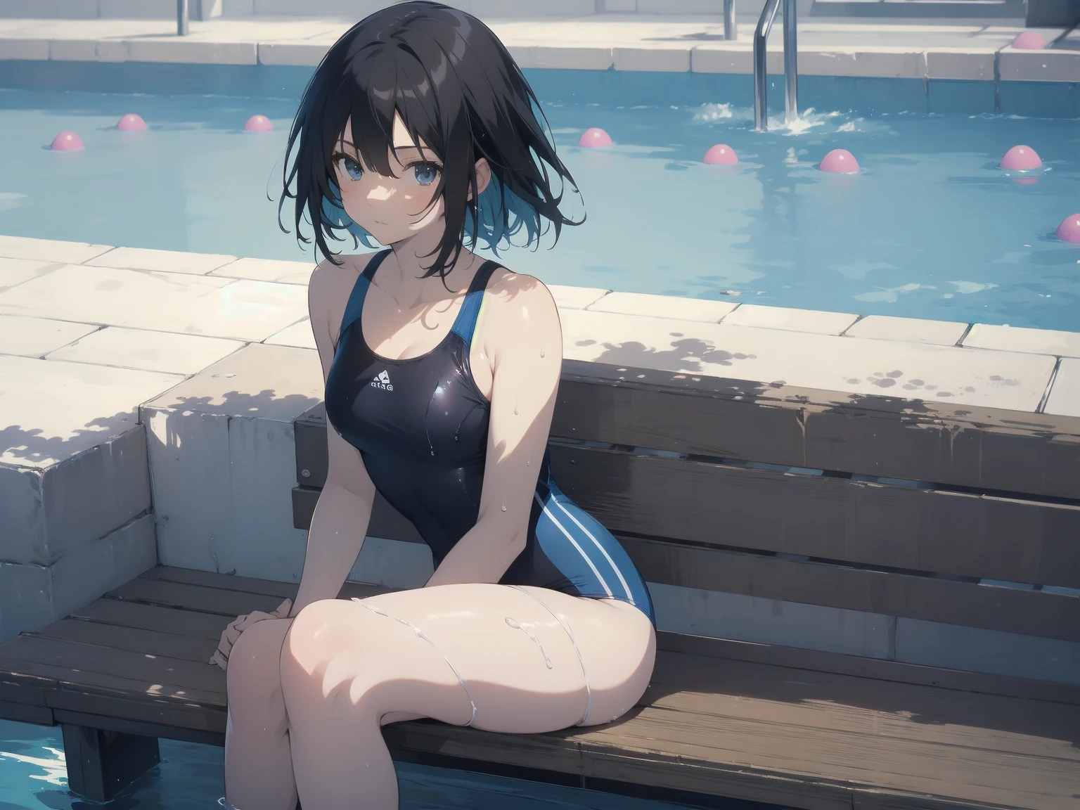 ultra-Top-quality by art God, ultra-detailed, high resolution, shinkai makoto style, anime moe artstyle, best anime 8k konachan wallpaper, pixiv contest winner, perfect anatomy, break,(Please draw a picture of a girl in a swimsuit sitting on a bench by the poolside alone.),break, a hyperrealistic school girl, parted lips, (Solo,lolita, -year-ol3),Fulimbs, complete fingers, androgynous charm, very short hair, wet hair, small breasts,slender body, Small butt, groin, Small black eyes,hanme,beautiful detailed eyes, well-proportioned iris and pupils, sleepily, highres detailed hair, swimsuit, wet swimsuit, bare shoulders, thighs,  in the school pool. break,dewy skin, perspiration on the skin,skin texture, fine lines, pores, natural imperfections,light reflections, glossy skin, shiny skin,break,super detailed skin, shiny skin, Best lighting powered by famous artist, 8k, illustration,UHD, textured skin,break,((artist:toosaka_asagi )), artist:clamp ,artist:carnelian ,artist:kantoku ,