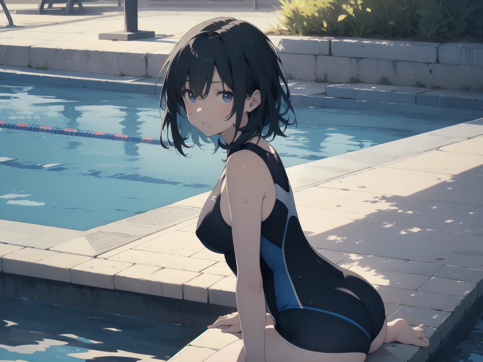 ultra-Top-quality by art God, ultra-detailed, high resolution, shinkai makoto style, anime moe artstyle, best anime 8k konachan wallpaper, pixiv contest winner, perfect anatomy, break,(Please draw a picture of a girl in a swimsuit sitting on a bench by the poolside alone.),break, a hyperrealistic school girl, parted lips, (Solo,ta, kid, 13-year-old:1.3),Full limbs, complete fingers, androgynous charm, very short hair, wet hair, small breasts,slender body, Small butt, groin, Small black eyes,hanme,beautiful detailed eyes, well-proportioned iris and pupils, sleepily, highres detailed hair, swimsuit, wet swimsuit, bare shoulders, thighs, in the school pool. break,dewy skin, perspiration on the skin,skin texture, fine lines, pores, natural imperfections,light reflections, glossy skin, shiny skin,break,super detailed skin, shiny skin, Best lighting powered by famous artist, 8k, illustration,UHD, textured skin,break,((artist:toosaka_asagi )), artist:clamp ,artist:carnelian ,artist:kantoku ,