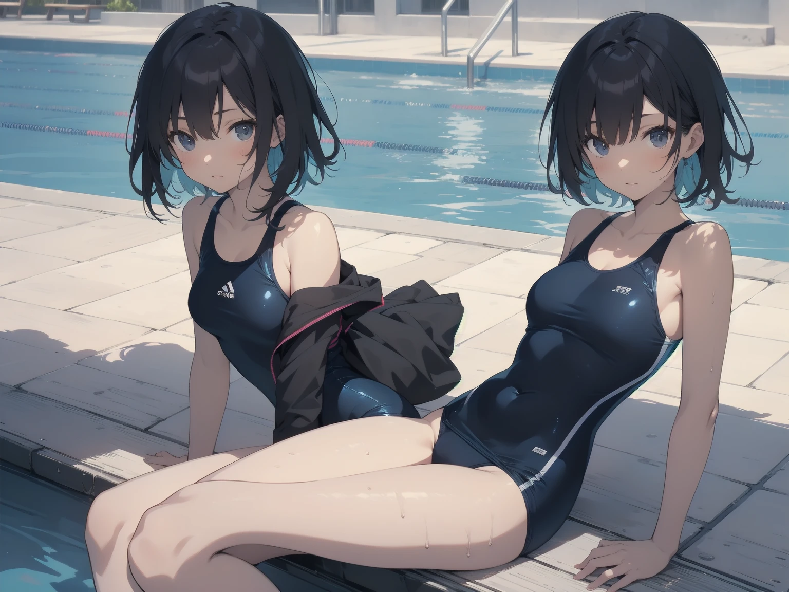 ultra-Top-quality by art God, ultra-detailed, high resolution, shinkai makoto style, anime moe artstyle, best anime 8k konachan wallpaper, pixiv contest winner, perfect anatomy, break,(Please draw a picture of a girl in a swimsuit sitting on a bench by the poolside alone.),break, a hyperrealistic school girl, parted lips, (Solo,ta, kid, 13-year-old:1.3),Full limbs, complete fingers, androgynous charm, very short hair, wet hair, small breasts,slender body, Small butt, groin, Small black eyes,hanme,beautiful detailed eyes, well-proportioned iris and pupils, sleepily, highres detailed hair, swimsuit, wet swimsuit, bare shoulders, thighs,  in the school pool. break,dewy skin, perspiration on the skin,skin texture, fine lines, pores, natural imperfections,light reflections, glossy skin, shiny skin,break,super detailed skin, shiny skin, Best lighting powered by famous artist, 8k, illustration,UHD, textured skin,break,((artist:toosaka_asagi )), artist:clamp ,artist:carnelian ,artist:kantoku ,