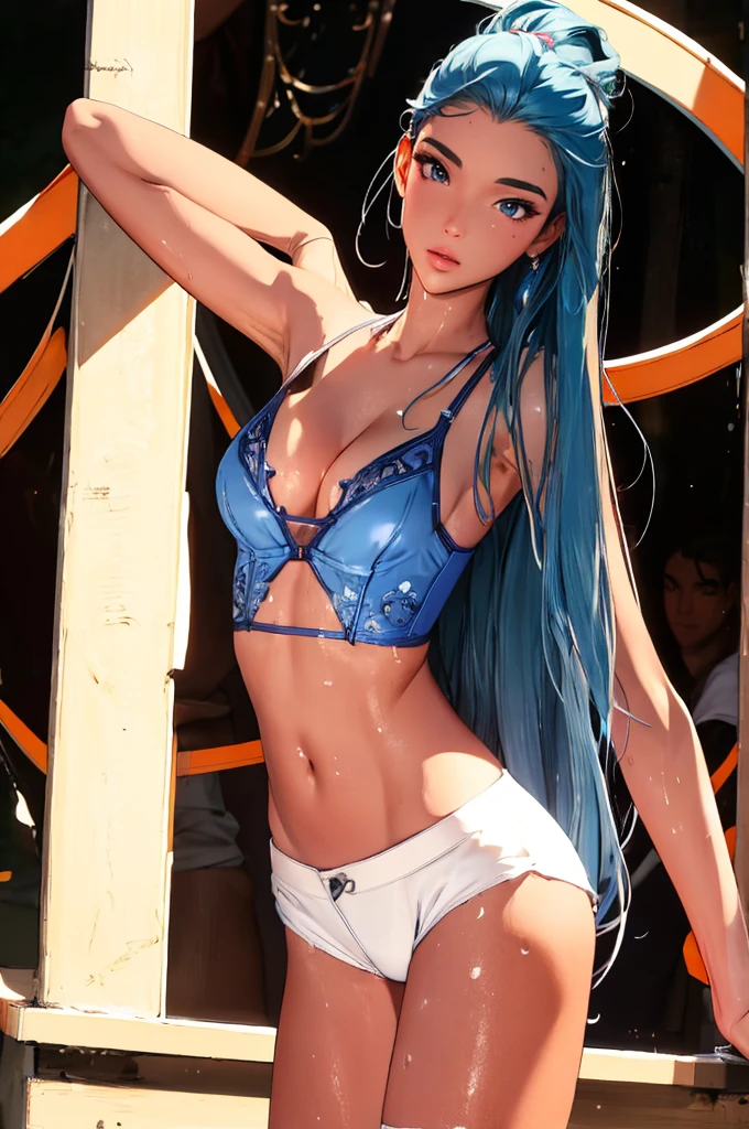 (best quality: 1.2), clean face, (masterpiece: 1.2, 8k)(PureErosFace_V1: 0.7), perfect anatomy, 1girl,a beautiful fashion model ,(masterpiece, official art, best quality) (wet skin, shiny skin) ,long and shiny hair, blue hair with streaks in hair, long hair, full lips, upturned nose , cleavage, looking at viewer, revealing outfit, absurdity, intricate details, , dynamic pose, club, dancing, , , (highly detailed skin: 1.2), wearing
short shorts and a tight white top, cleavage, torn clothes, visible thong straps