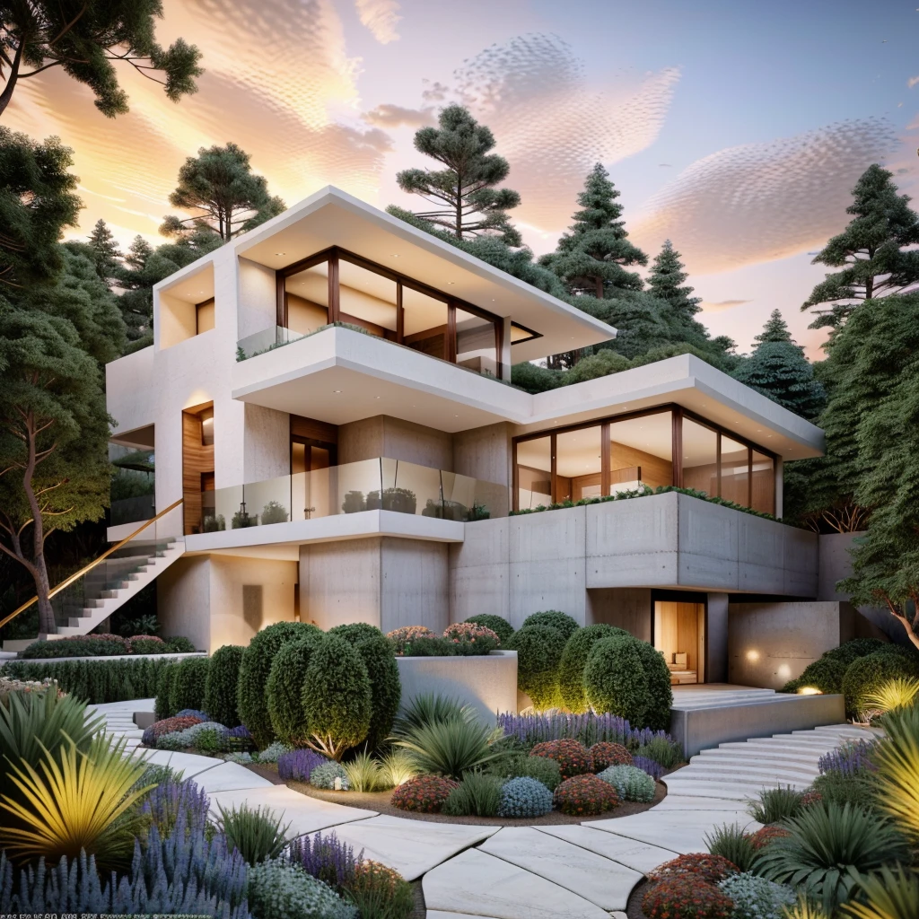 Raw photo, Masterpiece, best quality, authentic, super detail, The MODERN HOUSE is located on the upper hill, (curly pathway in front of the house), white walls, concrete, glass windows, wood ceilings, (lighting in the garden), big front yard, court outside, in the middle Fall of pine forest, (SUNSET)
