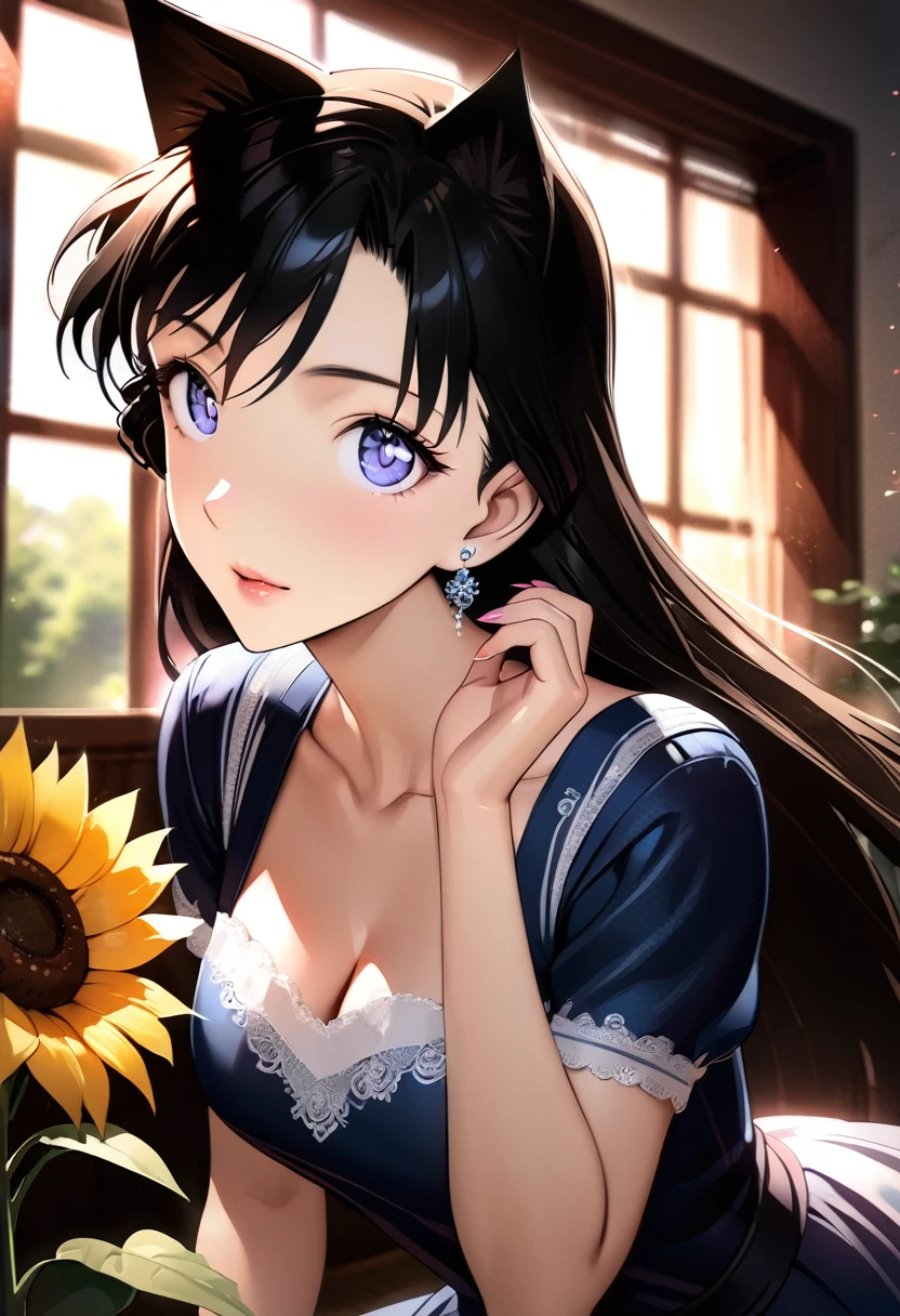 (masterpiece, best quality, HDR, bright colors:1.4), ((very detailed)), high resolution, anime style, photo, detailed background, 1 black-haired beauty holding sunflower, movie light and shadow, stunning facial features, piercing eyes, delicate nose, luscious lips, long eyelashes, graceful pose, flowing hair, beautiful dress, natural sunlight, vibrant colors, soft shadows, cinematic atmosphere, intricate details, photorealistic, flawless skin