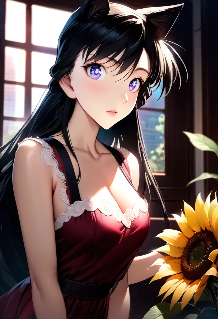 (masterpiece, best quality, HDR, bright colors:1.4), ((very detailed)), high resolution, anime style, photo, detailed background, 1 black-haired beauty holding sunflower, movie light and shadow, stunning facial features, piercing eyes, delicate nose, luscious lips, long eyelashes, graceful pose, flowing hair, beautiful dress, natural sunlight, vibrant colors, soft shadows, cinematic atmosphere, intricate details, photorealistic, flawless skin