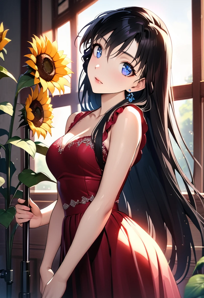 (masterpiece, best quality, HDR, bright colors:1.4), ((very detailed)), high resolution, anime style, photo, detailed background, 1 black-haired beauty holding sunflower, movie light and shadow, stunning facial features, piercing eyes, delicate nose, luscious lips, long eyelashes, graceful pose, flowing hair, beautiful dress, natural sunlight, vibrant colors, soft shadows, cinematic atmosphere, intricate details, photorealistic, flawless skin