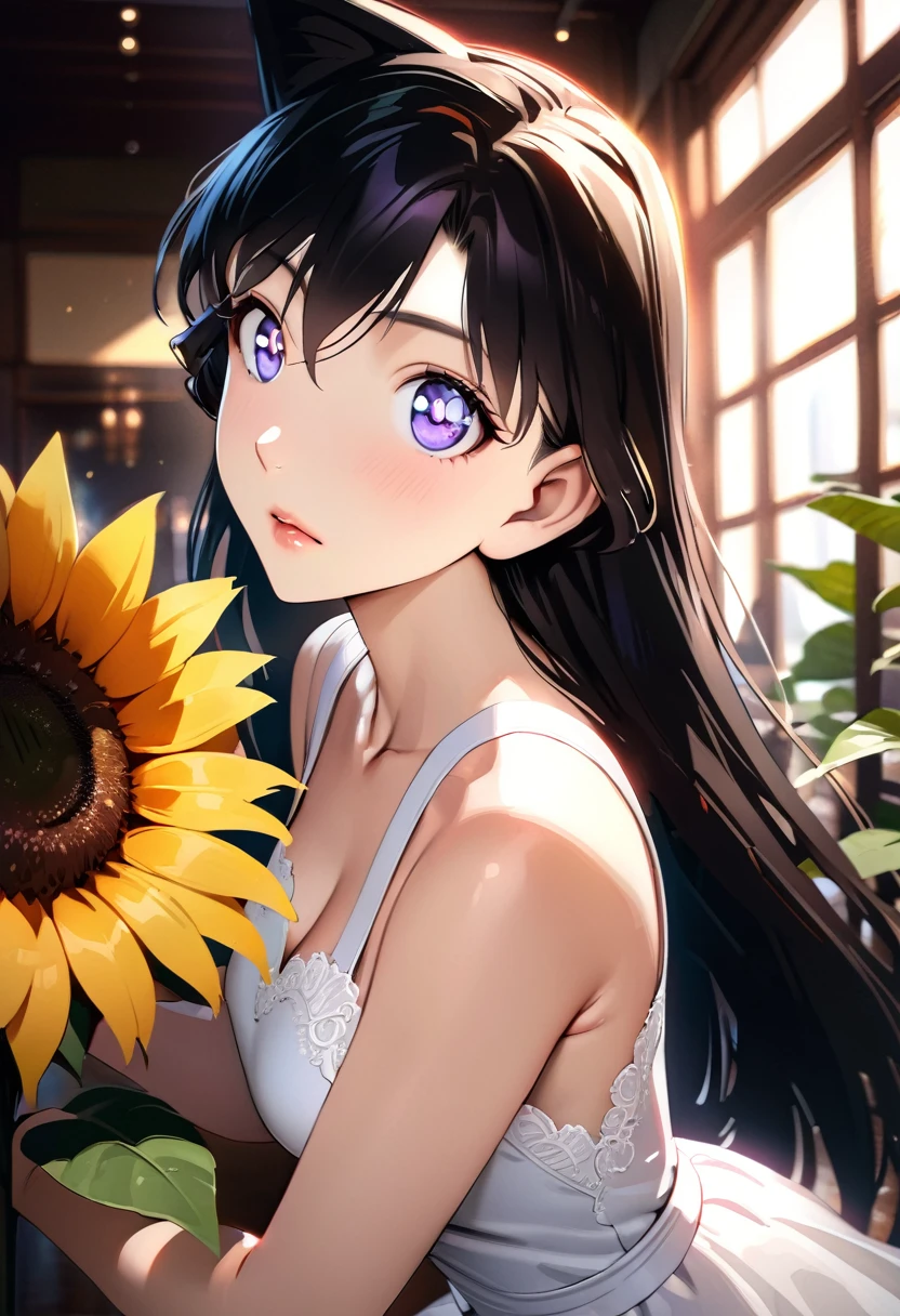 (masterpiece, best quality, HDR, bright colors:1.4), ((very detailed)), high resolution, anime style, photo, detailed background, 1 black-haired beauty holding sunflower, movie light and shadow, stunning facial features, piercing eyes, delicate nose, luscious lips, long eyelashes, graceful pose, flowing hair, beautiful dress, natural sunlight, vibrant colors, soft shadows, cinematic atmosphere, intricate details, photorealistic, flawless skin