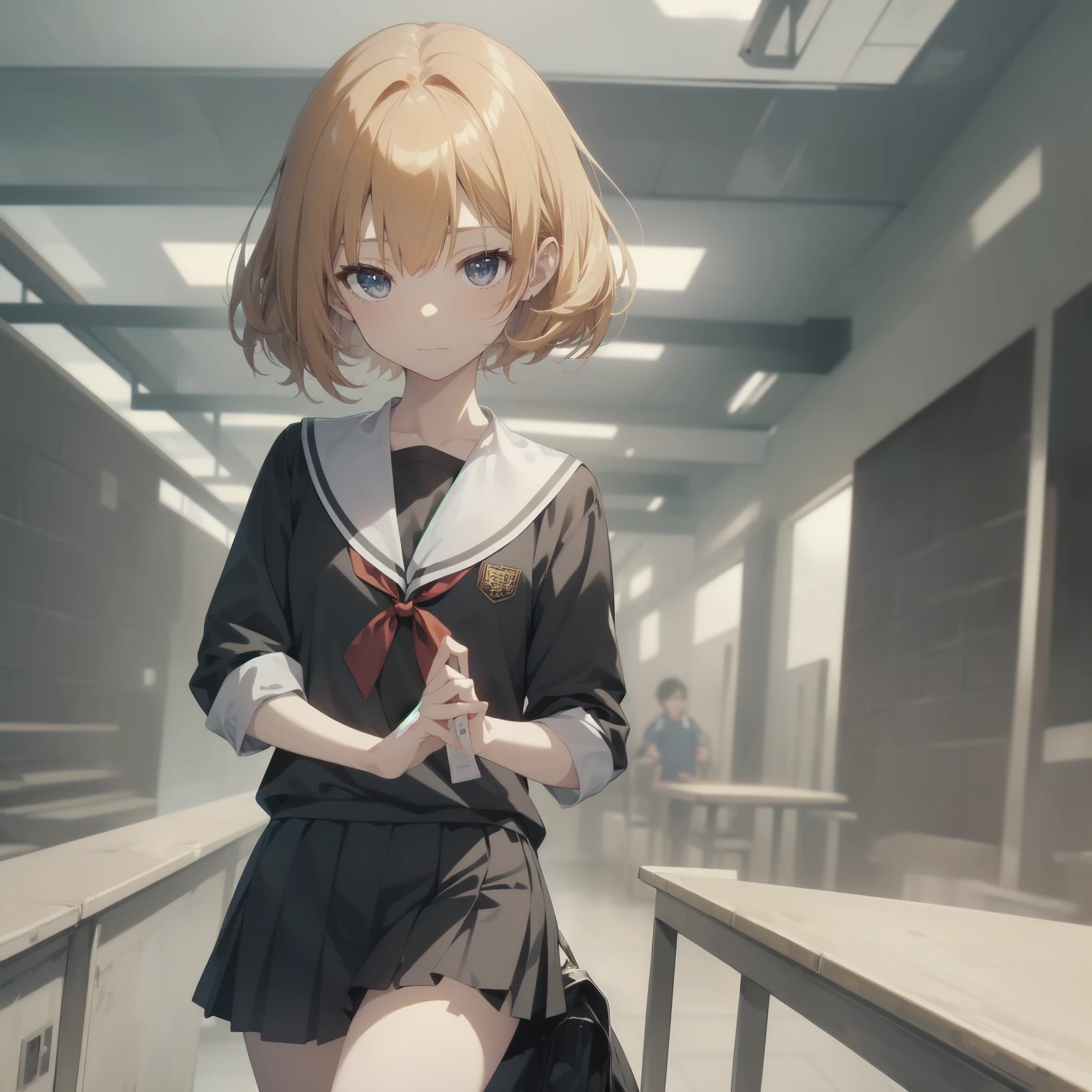 ultra-absurdres-Top quality by artist God, ultra-detailed, high resolution, anime moe artstyle, best anime 8k konachan wallpaper, pixiv contest winner, pool:2810, perfect anatomy,break, 1girl, (Please draw a girl walking sleepily to school alone. )break,(Solo,little female, 13-year-old:1.3),Full limbs, complete fingers,a junior high school student, (very short hair), short cut, flat chest, , small butt, small black eyes, beautiful detailed eyes, well-proportioned iris and pupils, expressive eyes, highres detailed hair, soft expression, salor school_uniform, sailor collar, serahuku, bow, pleated skirt,(Detailed Lighting), (Detailed background), in the School commute route. break,super detailed skin, Best cinematic lighting powered by famous artist, 8k,beauty illustration,photoshop_(medium),very aesthetic,break,((artist:hana_kazari )), artist:clamp ,artist:carnelian ,artist:kantoku ,