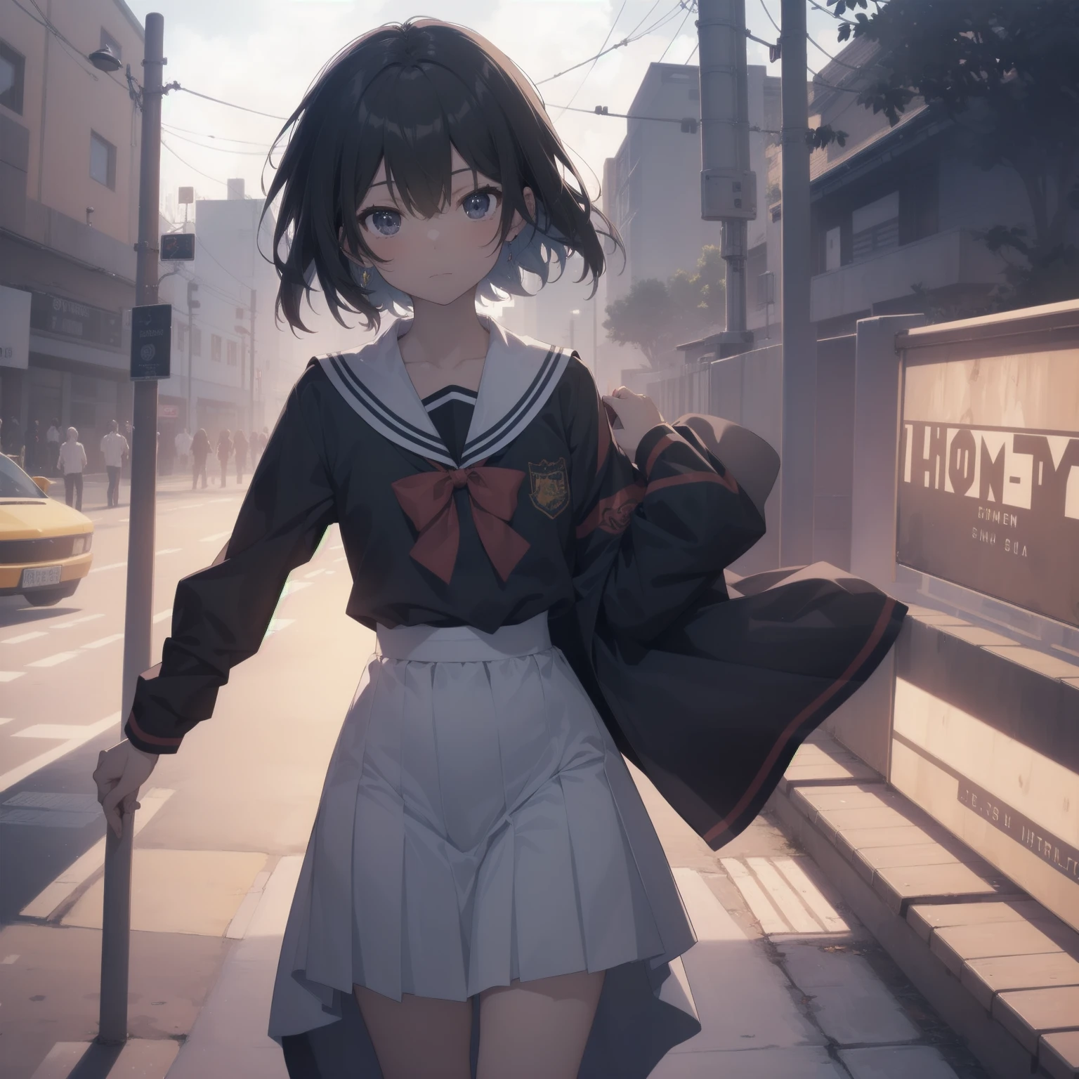 ultra-absurdres-Top quality by artist God, ultra-detailed, high resolution, anime moe artstyle, best anime 8k konachan wallpaper, pixiv contest winner, pool:2810, perfect anatomy,break, 1girl, (Please draw a girl walking sleepily to school alone. )break,(Solo,little female, 13-year-old:1.3),Full limbs, complete fingers,a junior high school student, (very short hair), short cut, flat chest, , small butt, small black eyes, beautiful detailed eyes, well-proportioned iris and pupils, expressive eyes, highres detailed hair, soft expression, salor school_uniform, sailor collar, serahuku, bow, pleated skirt,(Detailed Lighting), (Detailed background), in the School commute route. break,super detailed skin, Best cinematic lighting powered by famous artist, 8k,beauty illustration,photoshop_(medium),very aesthetic,break,((artist:hana_kazari )), artist:clamp ,artist:carnelian ,artist:kantoku ,
