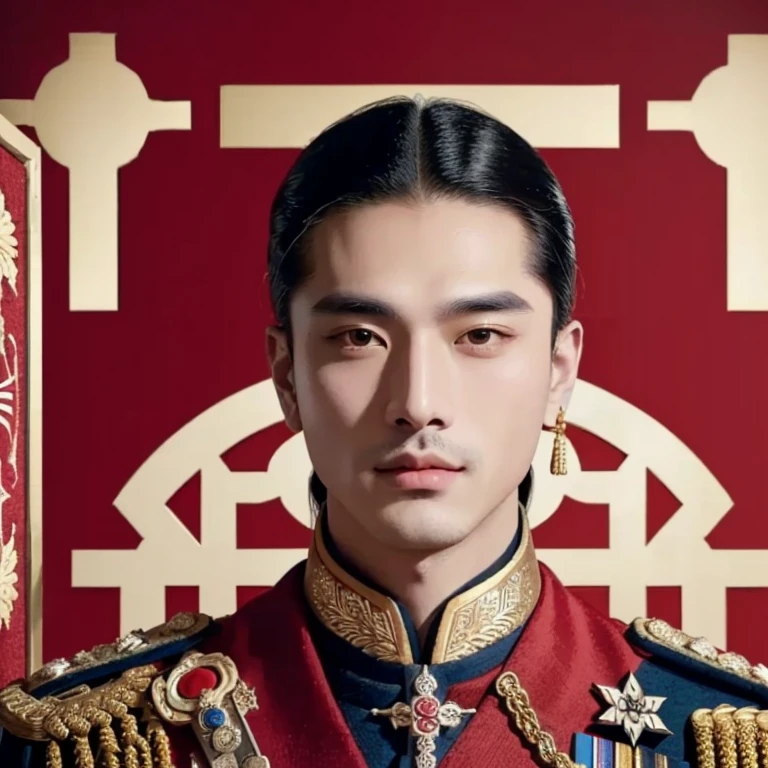 Araaf man in military uniform poses for a photo., Inspired by Guo Xi, beautiful androgynous prince, Inspired by Xie Huan, Inspiration from Xu Xi, Nanchuan, Delicate Androgynous Prince, Inspiration from Emperor Xuande, Maxim Sukarev, Inspiration from Kongsian, Anton, แต่งกายเป็นemperor, emperor, portrait of the empire