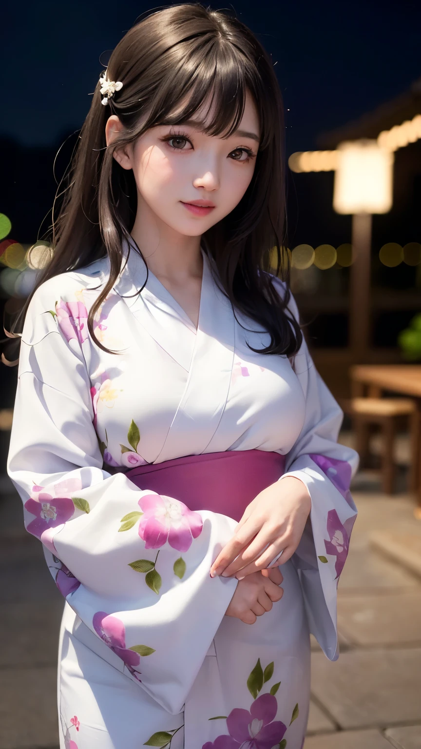 (logo、masterpiece、8K、Tabletop、RAW Photos、wonderful、最high quality、フォトリアリスティックでVery detailedな CG 複合 8K 壁紙、high quality、Very detailed、Narrative poem、Particle Effects、Dynamic Effects、Depth of the Boundary、Cinematic Light、Lens flare、Ray Tracing)、 (One beautiful woman wearing a yukata、White yukata、Light purple pattern)、Black-haired、High definition skin、Very fine、Fine skin texture、Beautiful Face、True Face、Beautiful details in the eyes、Realistic eyes、Beautifully detailed eyes、Realistic Skin、Beautiful Skin、Surreal、Smiling Eyes、Hair and light eyes、vivid、Colorful lights and bokeh、plump lower lip、Pink Lips、Hair flutters in Wind、Hair bounces、wonderful景色、night、evening、Wind、moonlight、moonlight、light