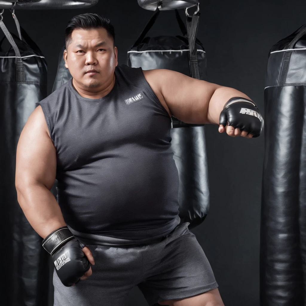 A Man, Asian, Fat, Chubby, 45 years old, show big belly, boxer, covered in sweat, Sweat, wearing gloves, practicing with a punching bag, in the gym, beautiful lighting, clear picture 8k, realistic.