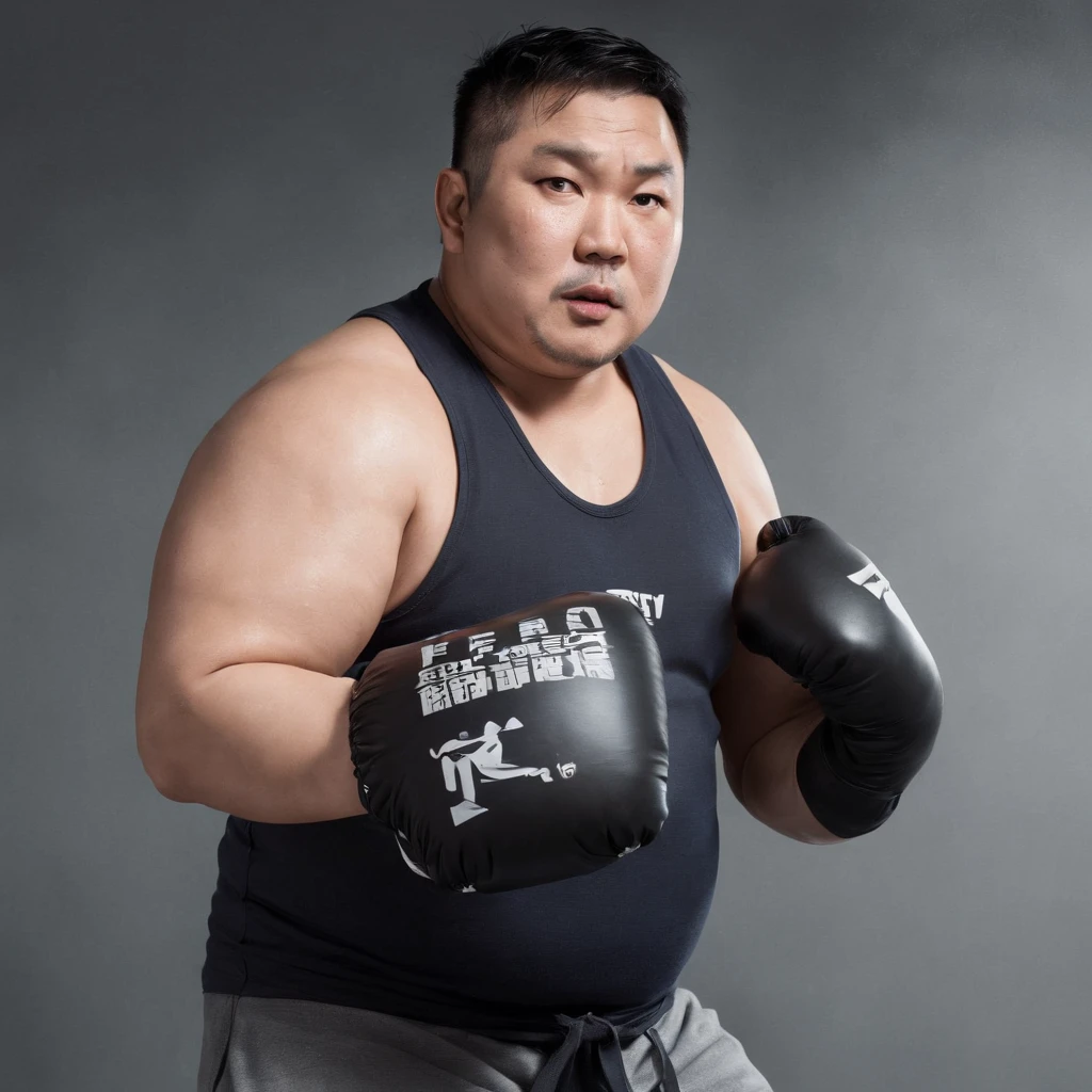 A Man, Asian, Fat, Chubby, 45 years old, show big belly, boxer, covered in sweat, Sweat, wearing gloves, practicing with a punching bag, in the gym, beautiful lighting, clear picture 8k, realistic.