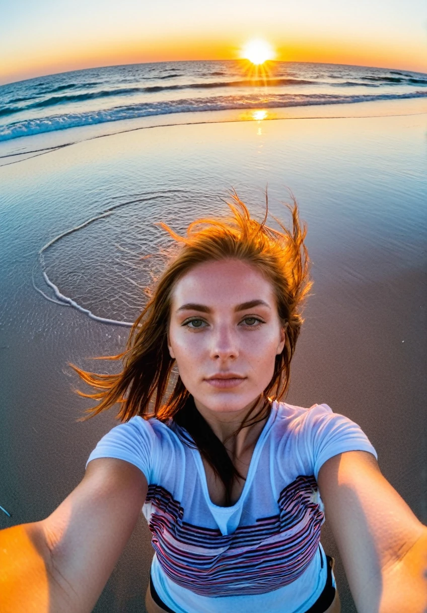 xxmix_fille,une femme prend un selfie fisheye sur une plage au coucher du soleil, le vent souffle dans ses cheveux en bataille. La mer s'étend derrière elle, créant une esthétique et une atmosphère époustouflantes avec une note de 1.2.