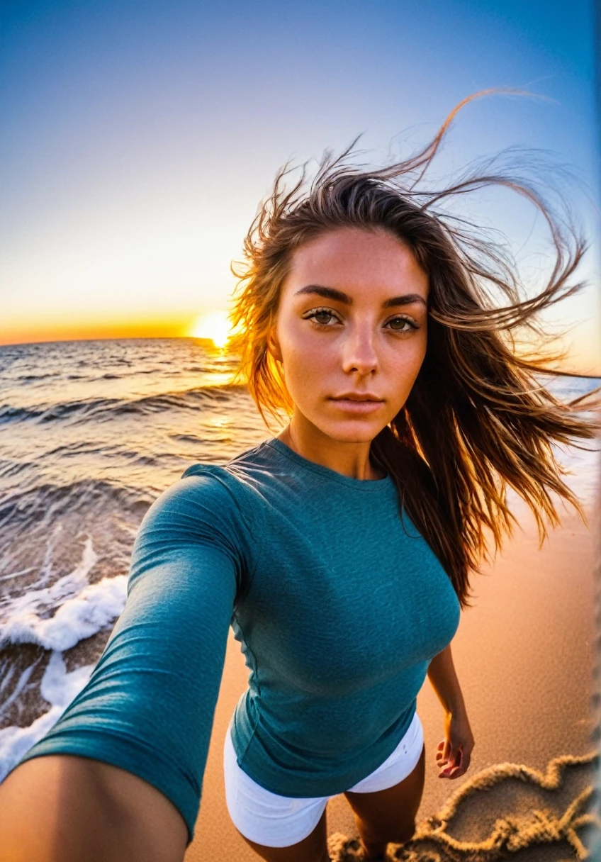 xxmix_fille,une femme prend un selfie fisheye sur une plagele soir. La mer s'étend derrière elle, créant une esthétique et une atmosphère époustouflantes avec une note de 1.2.