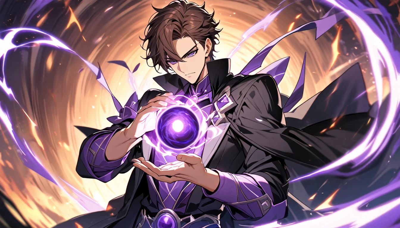 Handsome, single, 1 male, short hair, brown hair, purple eyes, magic style warrior outfit. black coat An enormous power swirled like a black hole's purple electricity. Magical power is in your hands.