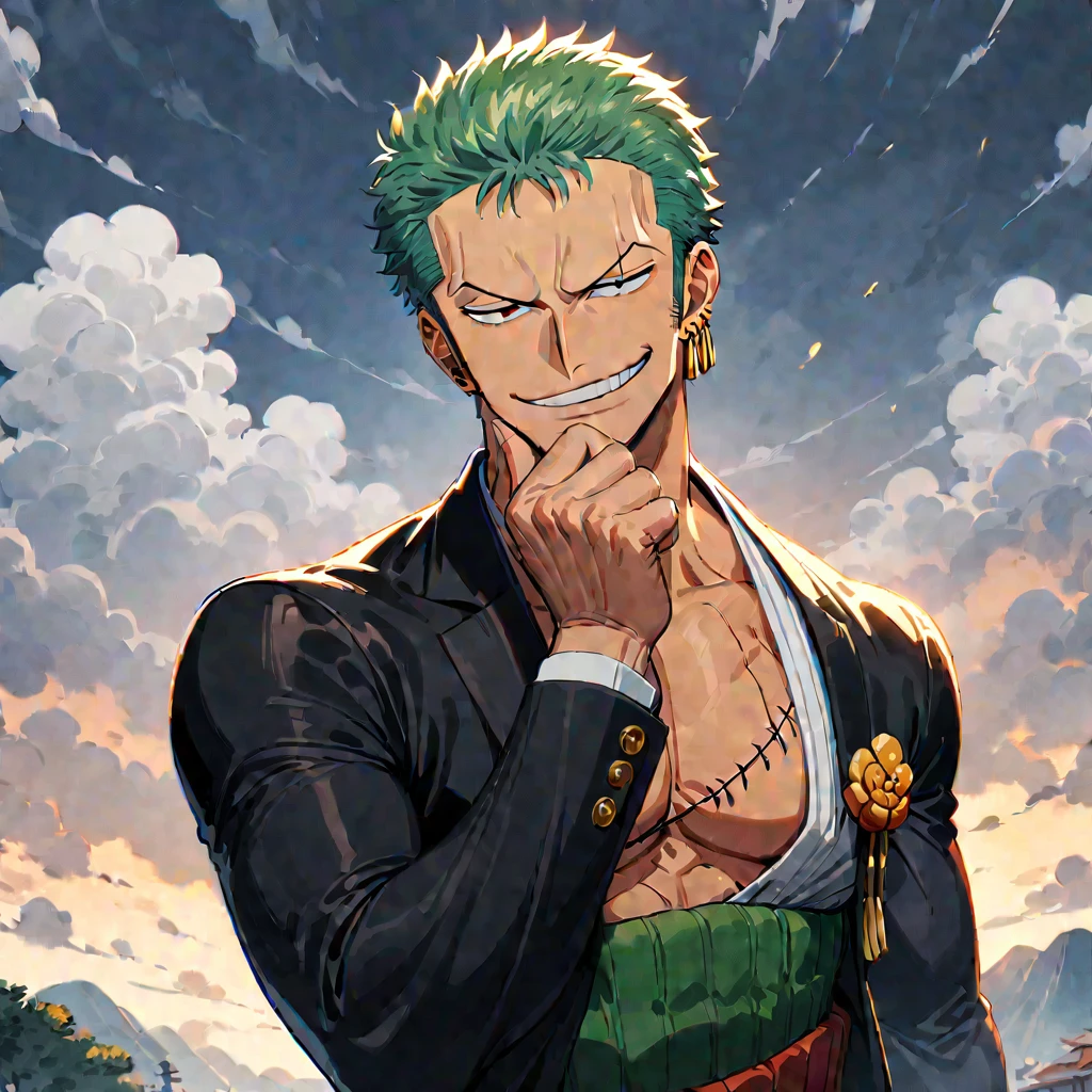 1boy, Roronoa Zoro, from One Piece, center, smirk, wearing a black suit and orange sunglasses, with three earrings on his left ear, in a cloudy sky background, masterpiece, best quality, very aesthetic, absurdres, ((medium quality)), ((medium quality))