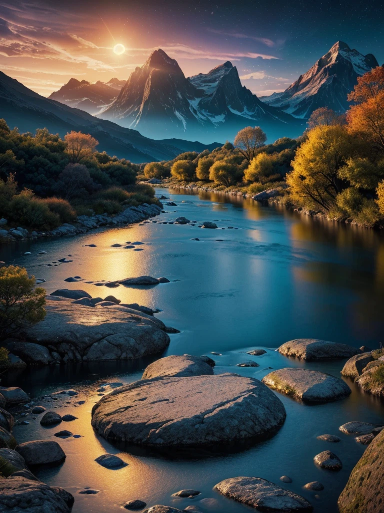 a surreal landscape with a river, hand touching the water, mountains, planets, nebulae, moon, sun, (best quality,4k,8k,highres,masterpiece:1.2),ultra-detailed,(realistic,photorealistic,photo-realistic:1.37),conceptual art,cinematic lighting,vibrant colors,dramatic shadows,intricate details