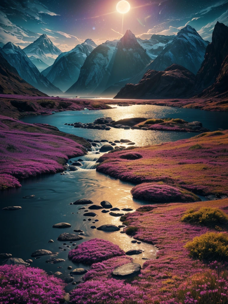 a surreal landscape with a river, hand touching the water, mountains, planets, nebulae, moon, sun, (best quality,4k,8k,highres,masterpiece:1.2),ultra-detailed,(realistic,photorealistic,photo-realistic:1.37),conceptual art,cinematic lighting,vibrant colors,dramatic shadows,intricate details