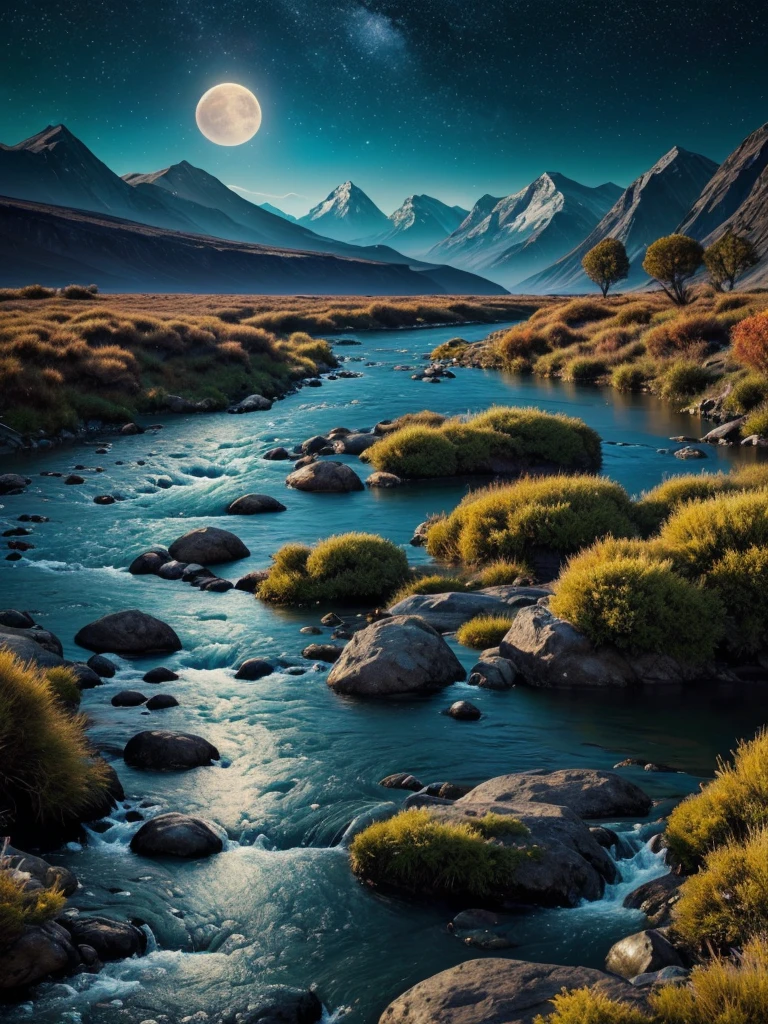 a surreal landscape with a river, hand touching the water, mountains, planets, nebulae, moon, sun, (best quality,4k,8k,highres,masterpiece:1.2),ultra-detailed,(realistic,photorealistic,photo-realistic:1.37),conceptual art,cinematic lighting,vibrant colors,dramatic shadows,intricate details
