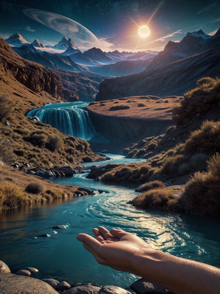 a surreal landscape with a river, hand touching the water, mountains, planets, nebulae, moon, sun, (best quality,4k,8k,highres,masterpiece:1.2),ultra-detailed,(realistic,photorealistic,photo-realistic:1.37),conceptual art,cinematic lighting,vibrant colors,dramatic shadows,intricate details