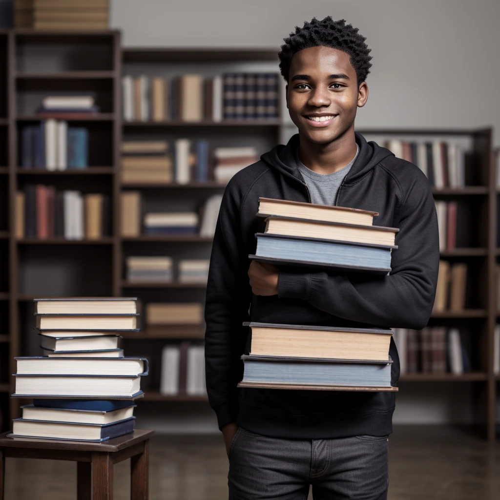 A detailed full-body side view image of a young Black student with short hair, holding a stack of books, casual clothing, high-resolution, photorealistic, background: 100% white