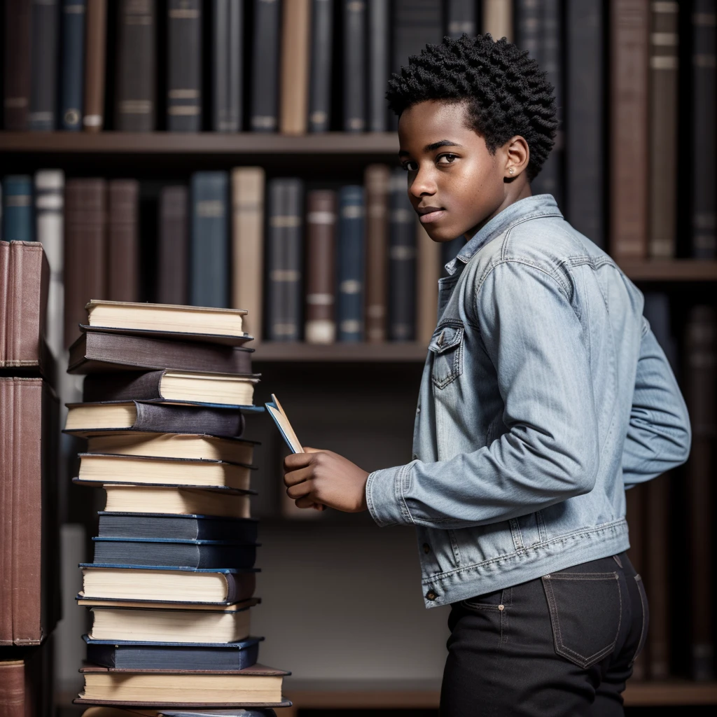 A detailed full-body side view image of a young Black student with short hair, holding a stack of books, casual clothing, high-resolution, photorealistic, background: 100% white