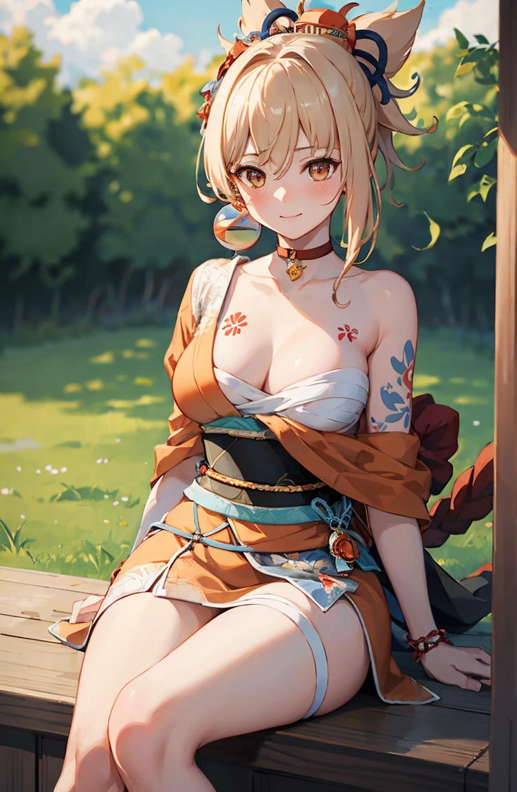 (Realistic style:0.9), masterpiece, (best quality), absurd, Looking at the audience, No students, (Delicate eyes), 1 Girl, yoimiyadef, Upper Body, Smile, blush, outdoor, sky, Simple background,cute,Cat girl,Large Breasts