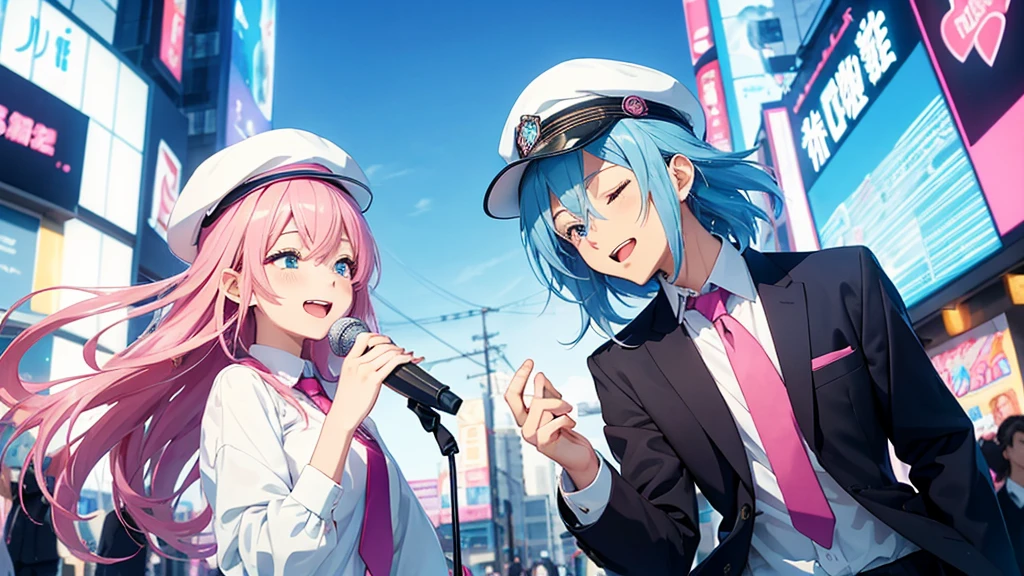 Anime style illustration with a vibrant city background similar to Shibuya. The main characters are a girl with long blue hair and blue eyes wearing a with a pink tie, and a boy with short blue hair wearing a white suit and hat. In this image, the boy is singing into a microphone, eyes closed and passionately involved in the song, while the girl is looking at him with a smile. The background remains colorful with musical notes floating around."