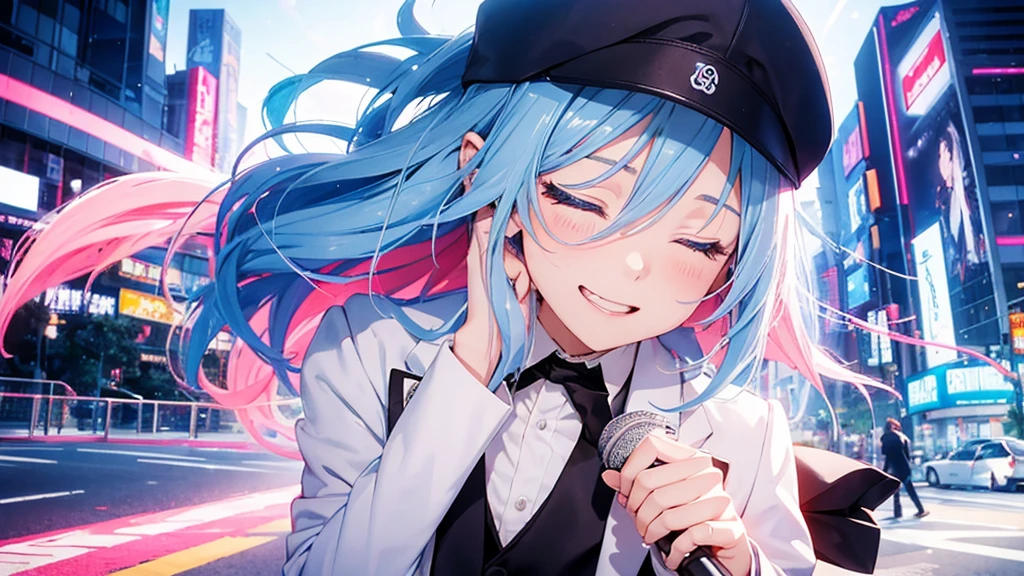 Anime style illustration with a vibrant city background similar to Shibuya. The main characters are a girl with long blue hair and blue eyes wearing a  with a pink tie, and a boy with short blue hair wearing a white suit and hat. In this image, the boy is singing into a microphone, eyes closed and passionately involved in the song, while the girl is looking at him with a smile. The background remains colorful with musical notes floating around."