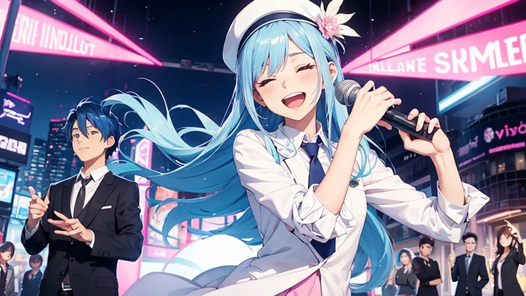 Anime style illustration with a vibrant city background similar to Shibuya. The main characters are a girl with long blue hair and blue eyes wearing a with a pink tie, and a boy with short blue hair wearing a white suit and hat. In this image, the boy is singing into a microphone, eyes closed and passionately involved in the song, while the girl is looking at him with a smile. The background remains colorful with musical notes floating around."