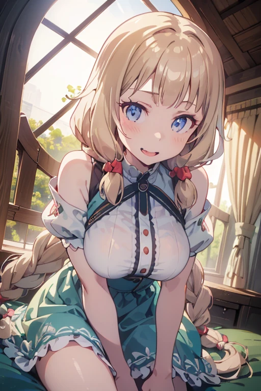 (Masterpiece: 1.2), Best Quality, (Illustration: 1.2), Eye Focus, (Ultra Detailed), Ultra Detail, (Fine Detail), (Intricate Detail), (Cinematic Light, Best Quality Backlight), Clear Lines, Solo Female, Solo Female, Perfect Figure, (1 Girl), High Contrast, (Best Lighting, Extremely Delicate and Beautiful), ((Cinematic Light)), Powerful, Absolutely Striking, Dynamic Angle, Gorgeous Background, cute Teeth, Open Mouth, mischievous smile, close-up, depth of field, close-up of a long-haired character. A cute tongue sticks out of the mouth, long hair, , short sleeves, dress, bare shoulders, braids, porcelain clothes
