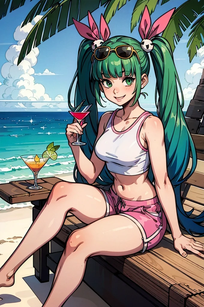vramszoey, green hair, blunt bangs, multicolored hair, twintails, hair ornament, shirt, multicolored clothes, midriff, pink shorts, sunglasses, looking at viewer, smiling, sitting, on log, outside, beach, holding a martini glass full of lime juice, sunny, high quality, masterpiece,