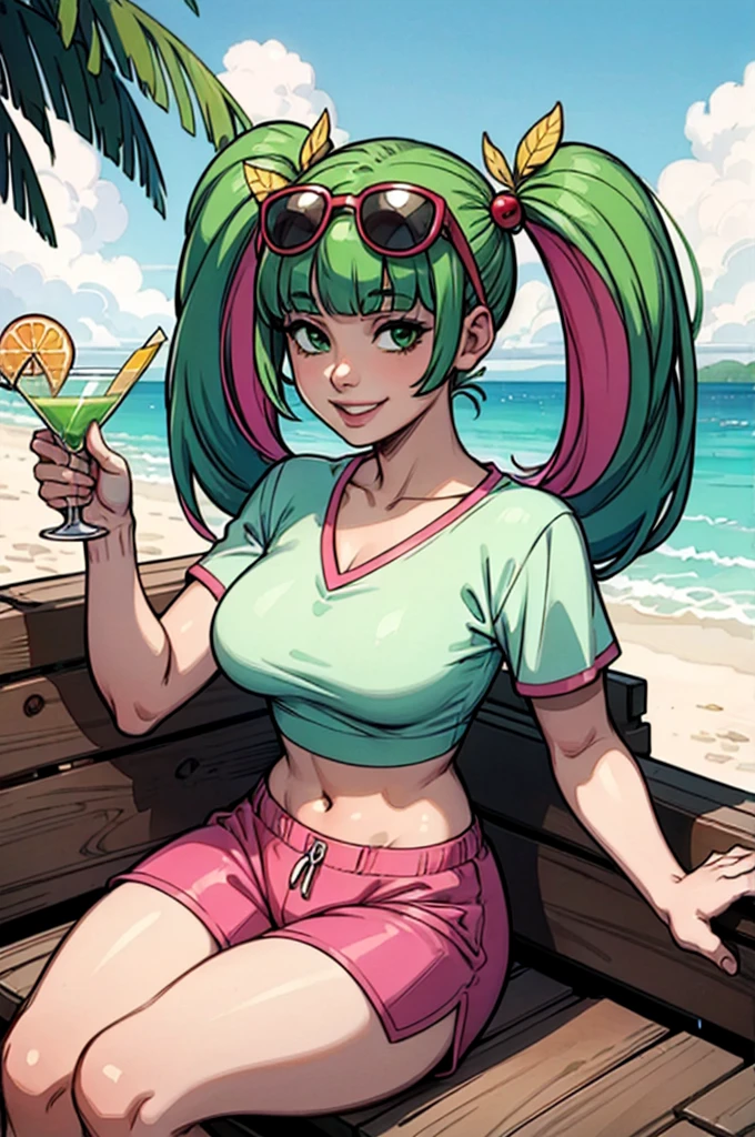 vramszoey, green hair, blunt bangs, multicolored hair, twintails, hair ornament, shirt, multicolored clothes, midriff, pink shorts, sunglasses, looking at viewer, smiling, sitting, on log, outside, beach, holding a martini glass full of lime juice, sunny, high quality, masterpiece,  