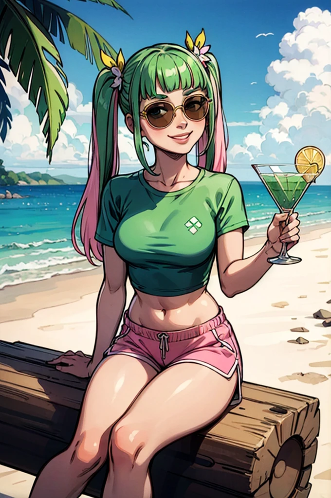 vramszoey, green hair, blunt bangs, multicolored hair, twintails, hair ornament, shirt, multicolored clothes, midriff, pink shorts, sunglasses, looking at viewer, smiling, sitting, on log, outside, beach, holding a martini glass full of lime juice, sunny, high quality, masterpiece,
