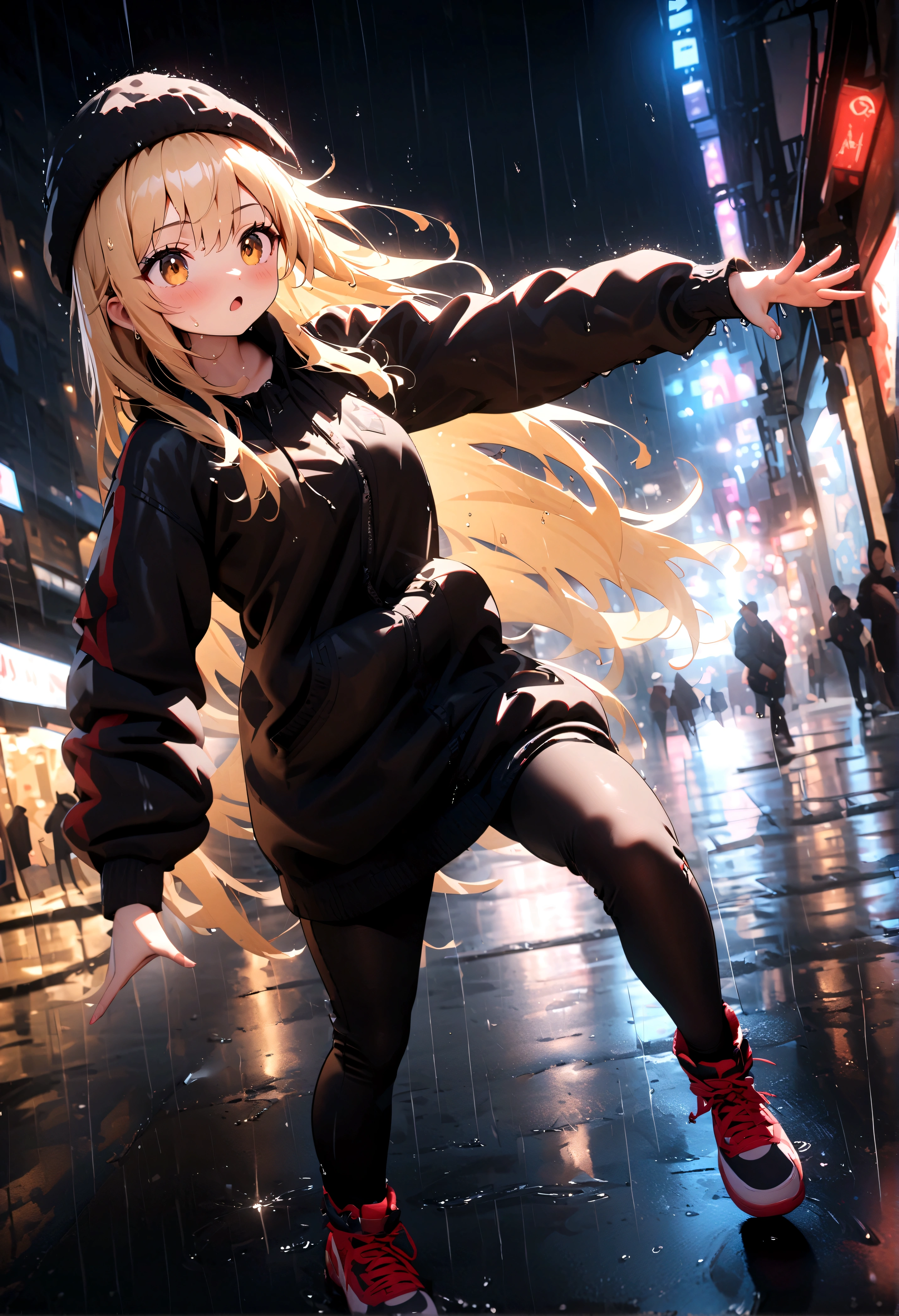 quality\(8k,wallpaper of extremely detailed CG unit, ​masterpiece,hight resolution,top-quality,top-quality real texture skin,hyper realisitic,increase the resolution,RAW photos,best qualtiy,highly detailed,the wallpaper,cinematic lighting,ray trace,golden ratio\), BREAK ,1girl\(young,long hair, blonde, brest, street fashion, hat, wet, wiping water\) is dancing breaking, heavy rain, spectators all around,street,at night,motion blur,dynamic pose,dynamic angle