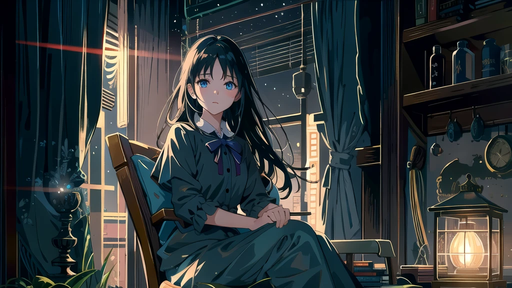 Create an illustration of a girl with black hair and blue eyes, sitting in a chair in front of a desk, Sentimental, Introspective look。, The moonlight gently shines into the room, Gently illuminate the space, Curtains sway in the wind, Increase tranquility, Dark mood, Emphasise the theme of loneliness, silence, And the depths of night, The room is dark、dimly lit by the moonlight