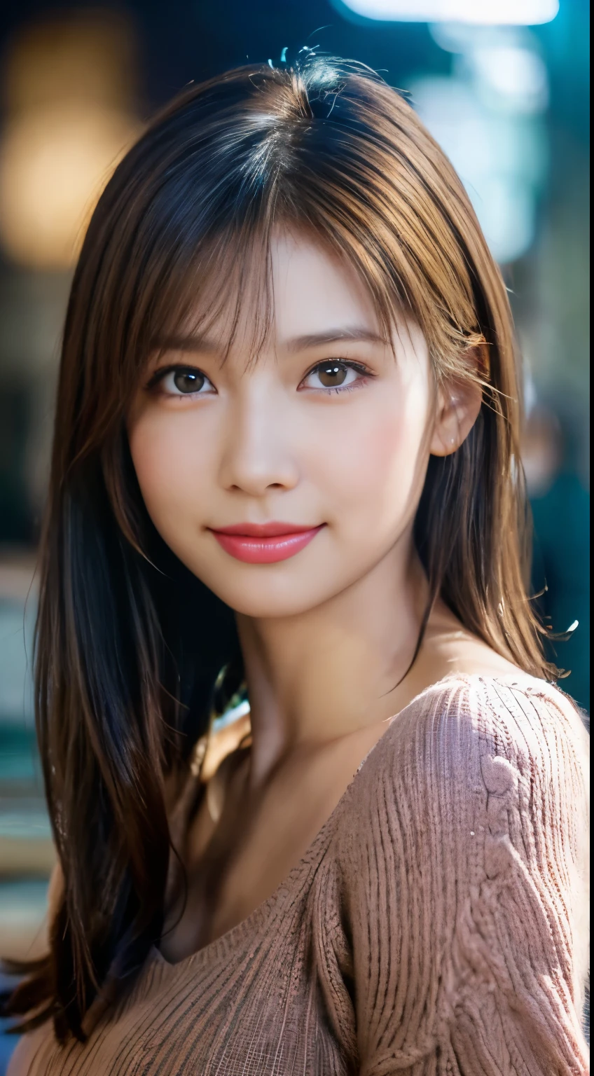 (logo, masterpiece, 8K, Tabletop, RAW Photos, wonderful, 最high quality, Photorealistic and very detailed CG composite 8k wallpaper, high quality, Very detailed, Narrative poem, Particle Effects, Dynamic Effects, Depth of the Boundary, Cinematic Light, Lens flare, Ray Tracing), short hair beautiful young woman, Hair tied back, high detail skin, very fine, fine skin texture, beautiful face, realistic eyes, beautifully detailed eyes, realistic skin, beautiful skin, surreal, smiling eyes, Hair and light eyes, Vibrant, Colorful lights and bokeh. The lighting casts a warm glow on her face and hair, Blue glow, Water surface reflection, Creates a dreamy and magical atmosphere, Big Breasts, Brown Hair, short hair, plump lower lip, pink blush on the cheeks , pink lips, brown tight no-shoulder knit sweater