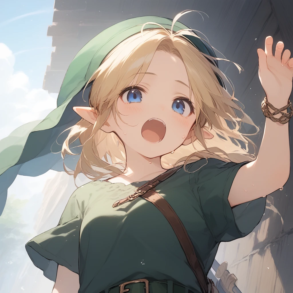 score_9, score_8_up, score_7_up, source_anime, best quality, masterpiece, official art, absurdres, highres, ultra-detailed,waifu2x,Collection: Slice of Life,break,1girl, YoungLink, small breasts, blonde hair, green tunic, pointy ears, hat, solo, blue eyes,green_headwear belt, sword, sweat, open mouth, (yawn:0.3), sleepily, outdoors, wind,break,(clear line illustration:1.2), super detailed skin,very high resolution, very aesthetic, Best sexual lighting powered by famous artist, 8k,cute picture,beauty illustration,photoshop_(medium),,(Detailed Lighting),best anime 8k konachan wallpaper, pixiv contest winner,